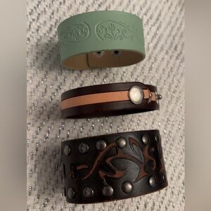 Elegant Leather Bracelets in Green, Brown, & 
Tan plus a Marcasite bracelet